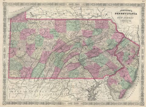 1866 Johnson Map of Pennsylvania and New Jersey
