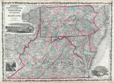 1861 Johnson Map of Pennsylvania, Virginia, Delaware and Maryland