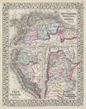 1872 Mitchell Map of New Granada, Venezuela,Guiana, Peru,Equador (Ecuador) and Argentina
