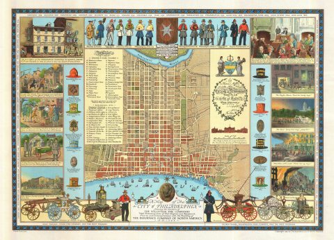 1938 J. Riegel Pictorial Map of Philadelphia, showing Fire Companies