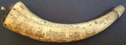 1779 American Revolutionary War Powder Horn with Philadelphia View