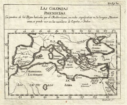 1754 Gabriel Ramirez Map of Phoenician Colonies along the Mediterranean Coast