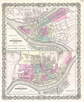 1855 Colton Plan or Map of Pittsburgh, Pennsylvania and Cincinnati, Ohio