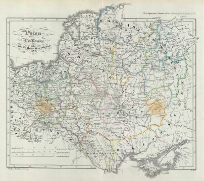 1854 Spruner Map of Poland and Lithuania from 1125 until their 1386 union