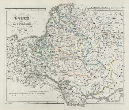 1854 Spruner Map of Poland and Lithuania from 1386 to 1572 under the Jagiellon Dynasty