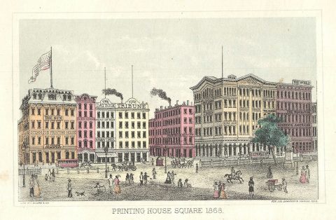 1868 Shannon and Rogers View of Printing House Square (Park Row) City Hall Park, New York City