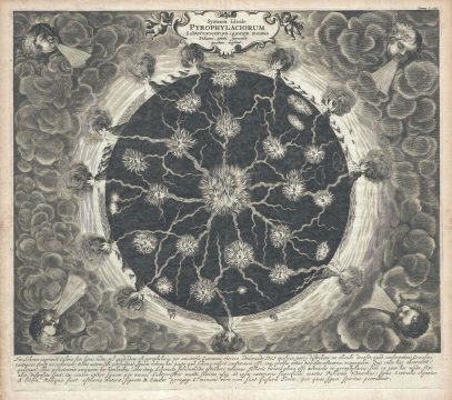 1665 Kircher Map of the Interior of the World w/Volcanic Systems