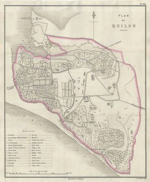 1854 Pharoah Map or Plan of Kollam, Kerala, India