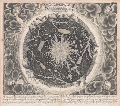 1665 Kircher Map of the Interior of the World w/Volcanic and Water Systems