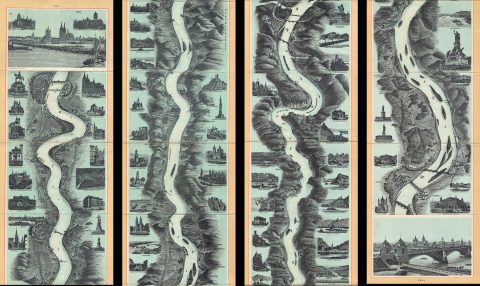 1890 Blumlein Panoramic Map the Rhine River, Germany (Mainz to Cologne)