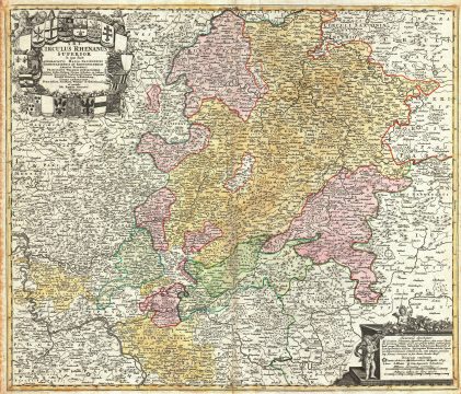 1730 Homann Map of the Upper Rhine ( Frankfurt, Cassel, Coblentz, Darmstadt )