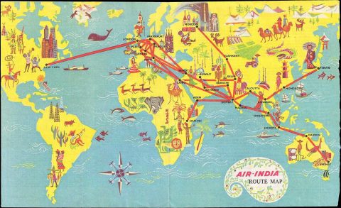 1962 Air India Route Map of the World