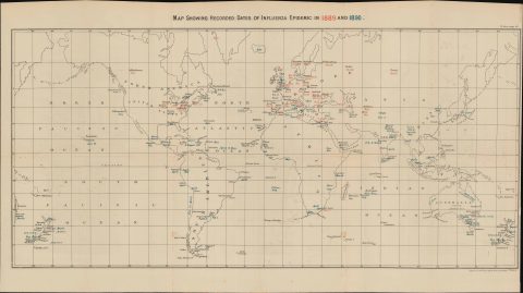 1891 Judd Map of the World During the Russian Flu Pandemic of 1889 - 1890