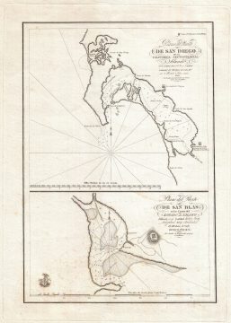 1825 Mexican Map of San Diego, California and San Blas, Mexico (by Guadalupe Victoria)