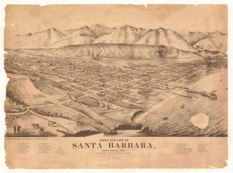 1877 Sunset County Realtors Bird's-Eye View Map of Santa Barbara, California