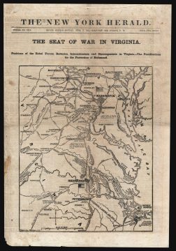 1861 New York Herald paper with Map of Civil War Campaign around Washington D.C.