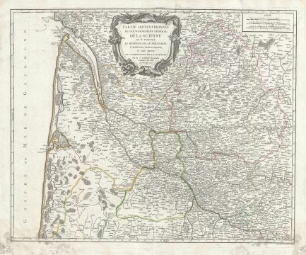 1752 Vaugondy Map of the Aquitaine Region: Bourdelois, Perigord, Gironde (Bordeaux Wine Region), Fra