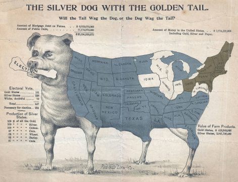 1896 Political Caricature Map of the United States 'The Silver Dog with the Golden Tail'