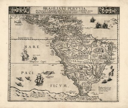 1593 De Jode Map of South America and the Caribbean