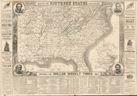 1862 Dollar Weekly Times Map of the Southern States during the U.S. Civil War
