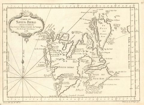 1758 Bellin Map of Spitsbergen, Svalbard Archipelago, Norway