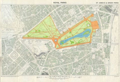 1953 Ordnance Survey Map of the St. James's and Green Parks (Royal Parks), London, England