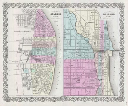 1856 Colton Plan or Map of Chicago, Illinois and St. Louis, Missouri