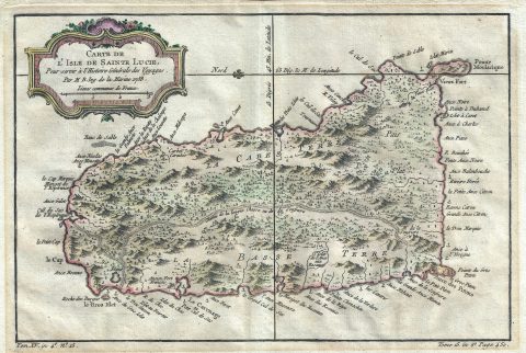 1758 Bellin Map of St. Lucia (St. Lucie), in the West Indies