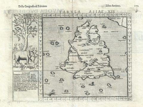 1574 Ruscelli and ptolemy Map of Ceylon, Sri Lanka, or Tapobrana