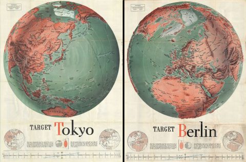1943 Manning World War II Propaganda World Maps: Target Berlin and Target Tokyo