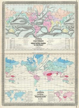 1870 Johnson Map of the World showing Temperature and Ocean Currents