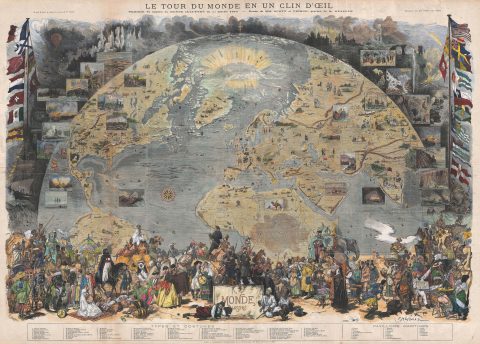 1876 Le Monde Illustrated Pictorial View Map of the World 'in the Blink of an Eye'