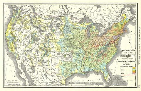 1892 Rand McNally Map of the United States showing Density of Population