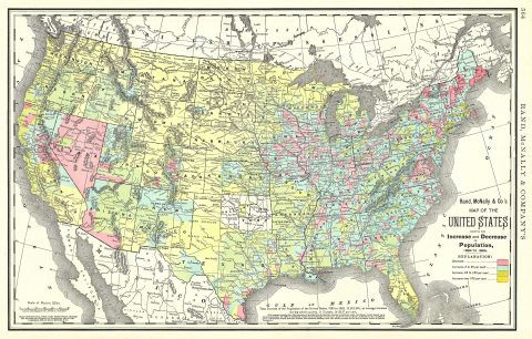 1892 Rand McNally Map of the United States showing Change in Population