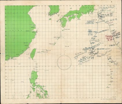 1945 Map of East Asia w/ Manuscript U.S.S. Saratoga's Final WWII Combat Voyage