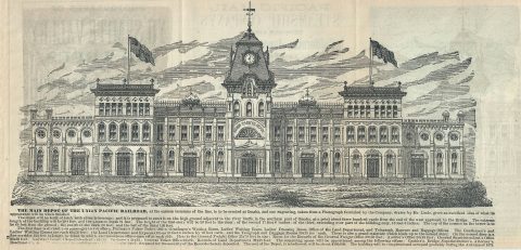 1871 Crofutt View of Union Pacific Railroad Main Depot at Omaha, Nebraska