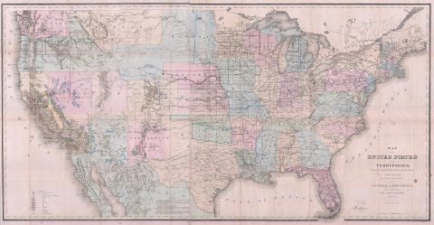 1867 General Land Office Map of the United States w/ Gold Deposits