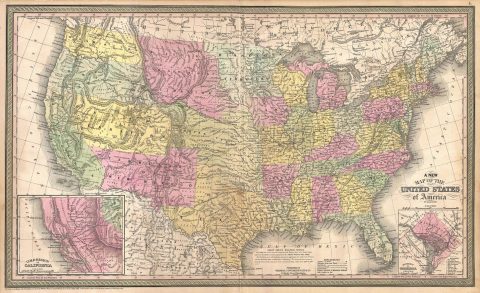 1854 Mitchell Map of the United States w/ California Gold Region