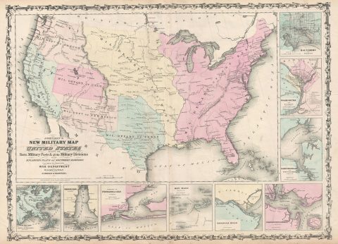 1861 Johnson Military Map of the United States in 7 Departments