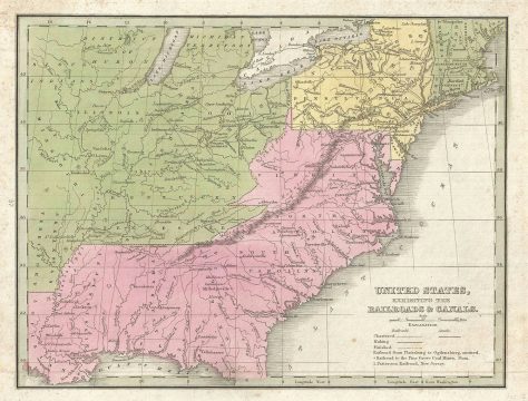 1835 Bradford Map of the United States Showing Railroads and Canals