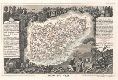 1852 Levasseur Map of the Department Du Var, France ( French Riviera, Côte d'Azur )
