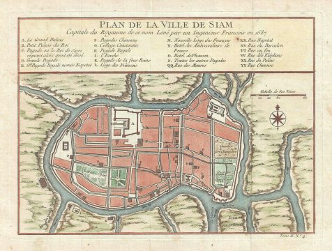 1752 Bellin Plan or Map of the City of Siam or Ayutthaya, Thailand
