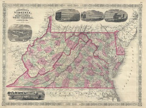 1866 Johnson Map of Virginia, West Virginia, Delaware and Maryland