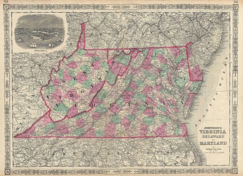 1866 Johnson Map of Virginia, Delaware and Maryland
