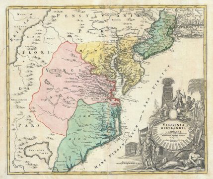 1715 Homann Map of Carolina, Virginia, Maryland and New Jersey