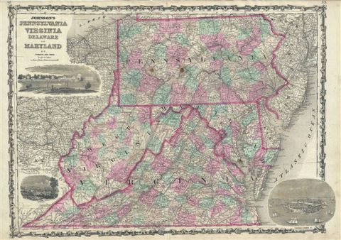 1863 Johnson Map of Pennsylvania, Virginia, Delaware and Maryland
