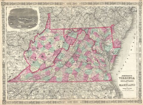 1864 Johnson Map of Virginia, West Virginia, Maryland, and Delaware