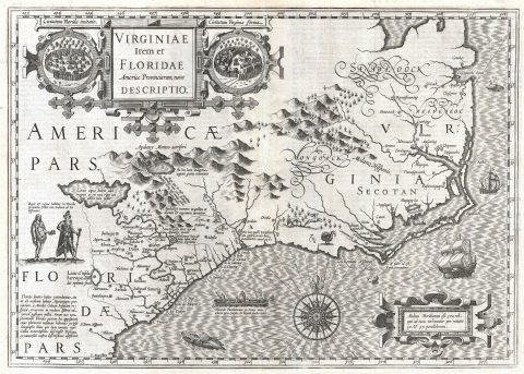 1606 Mercator Hondius Map of Florida, Carolina, and Virginia
