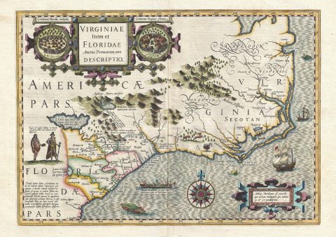 1606 Mercator Hondius Map of Florida, Carolina, and Virginia