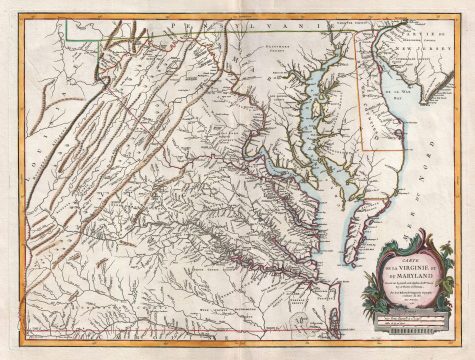 1755 Vaugondy Map of the Chesapeake Bay, Virginia, Maryland, and Delaware